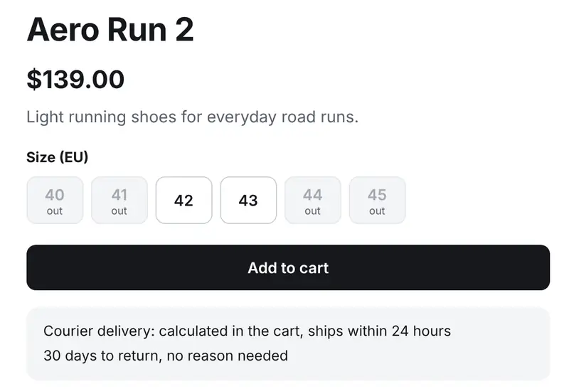 Product page of the test store S15: Aero Run 2 at $139.00, with the delivery line reading “calculated in the cart”.