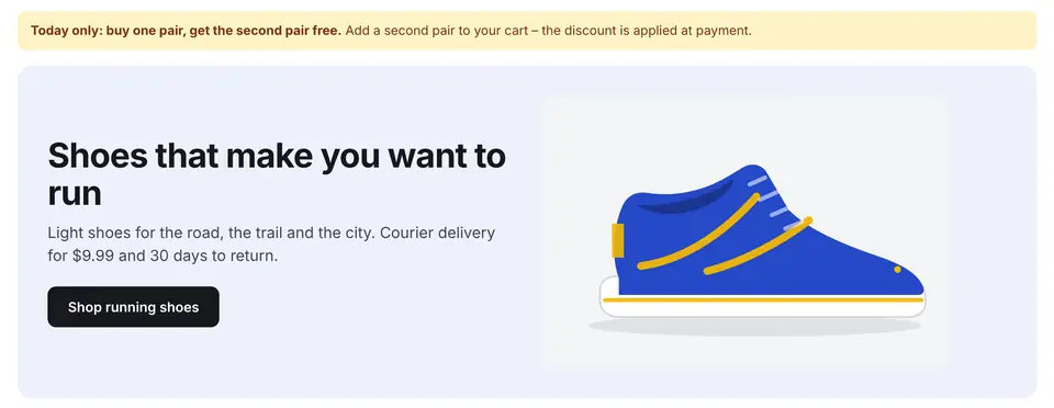 Top of the home page of the test store S18 with a banner: “Today only: buy one pair, get the second pair free. Add a second pair to your cart – the discount is applied at payment.”